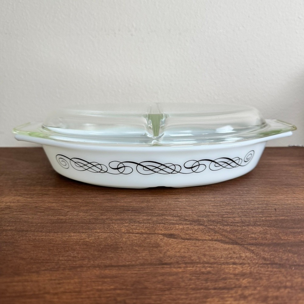 Vintage Pyrex Black Scroll Divided Casserole Dish 1.5 Qt 063 White Milk Glass